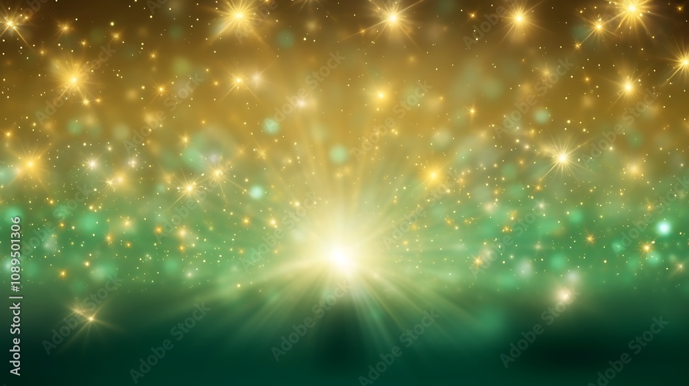 Golden Lights Burst Through Green Mist Background