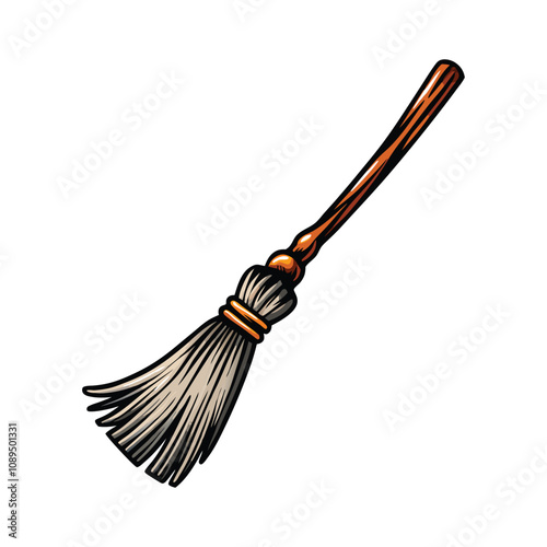 Create a clean, editable vector graphic of a broomstick with visible bristles, suitable for animation or print.  Ensure high resolution and scalable design.