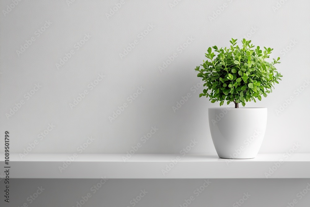 Fototapeta premium Minimalist green plant in white pot on shelf against wall