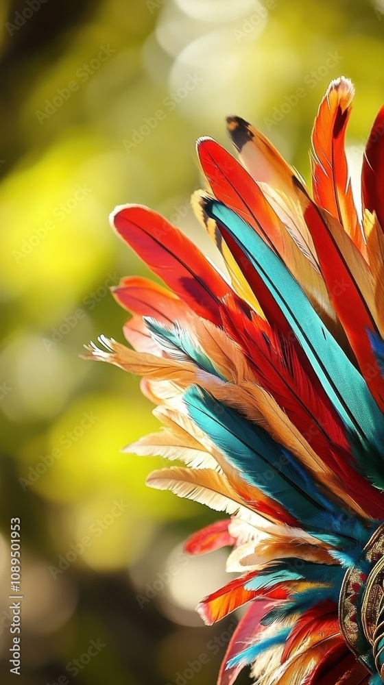 Fototapeta premium A colorful ceremonial feather headdress stands out against a blurred background