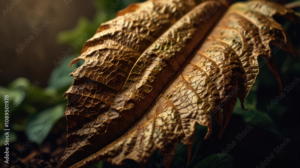 A single, dry, brown leaf with visible veins and texture, partially obscured by green foliage. A single, dry, brown leaf with visible veins and texture, partially obscured by green foliage.