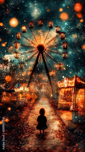  a little girl standing in front of a giant ferris wheel at night, surrounded by trees and illuminated by colorful lights The sky is filled with stars and the groun photo