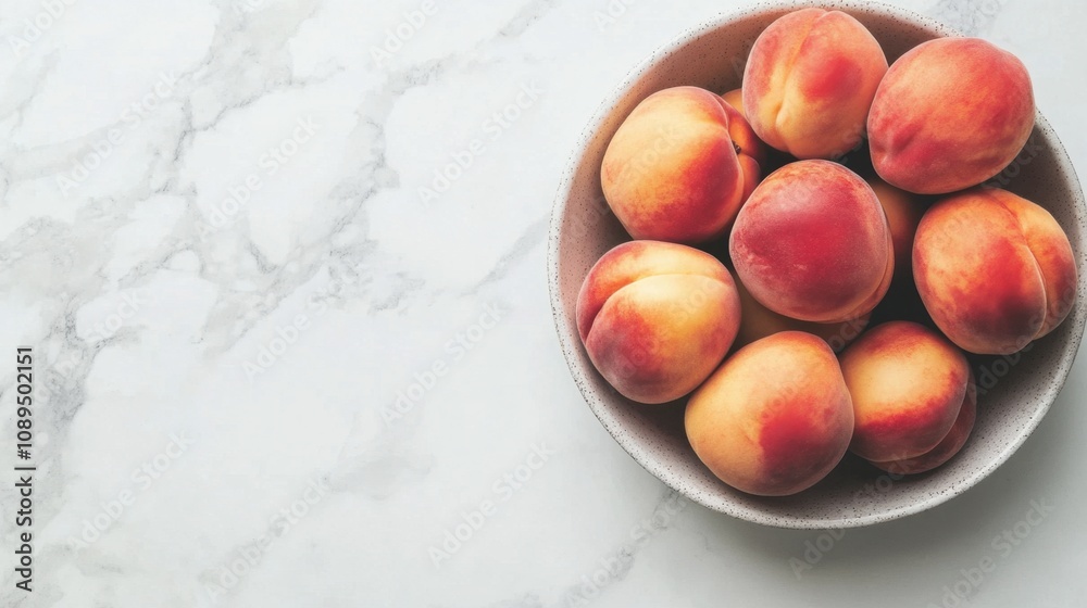 A bowl filled with fresh ripe peaches, placed on a white marble countertop with natural light. A bowl filled with fresh ripe peaches, placed on a white marble countertop with natural light.