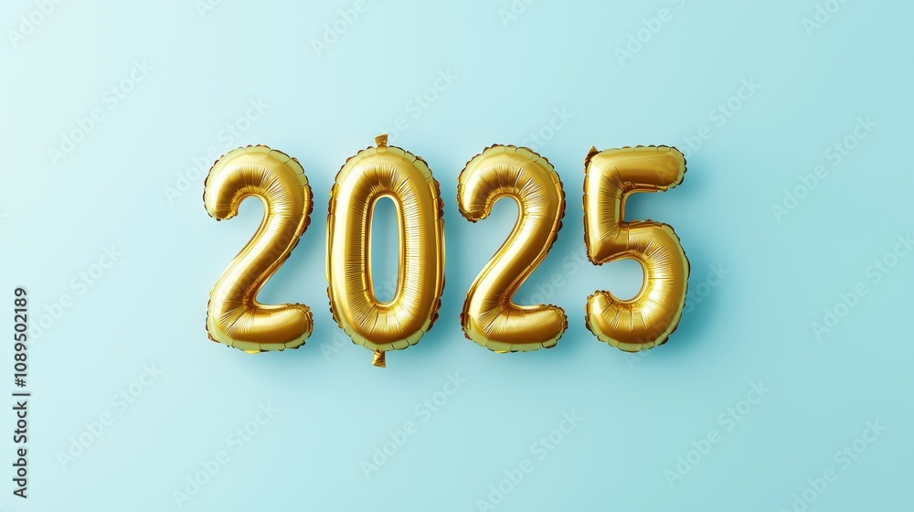 2025 typography in golden balloon style on soft blue background, 2025 typography in golden balloon style on soft blue background,