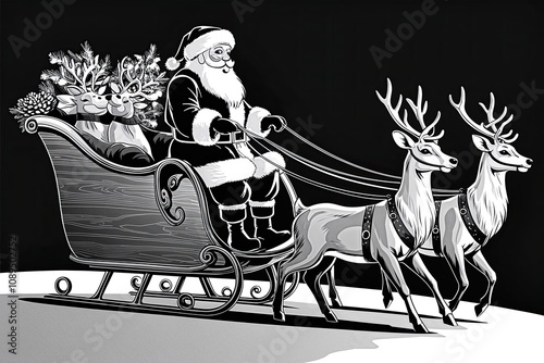 Black and White Illustration of Santa Claus Riding a Sleigh Pulled by Two Reindeer in a Festive Christmas Spirit photo