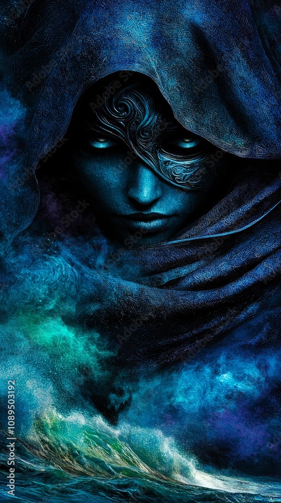 a woman in a blue cloak with a mask on her face, standing in the middle of a body of water She appears to be in a trance-like state, with her eyes closed and her h a woman in a blue cloak with a mask on her face, standing in the middle of a body of water She appears to be in a trance-like state, with her eyes closed and her h