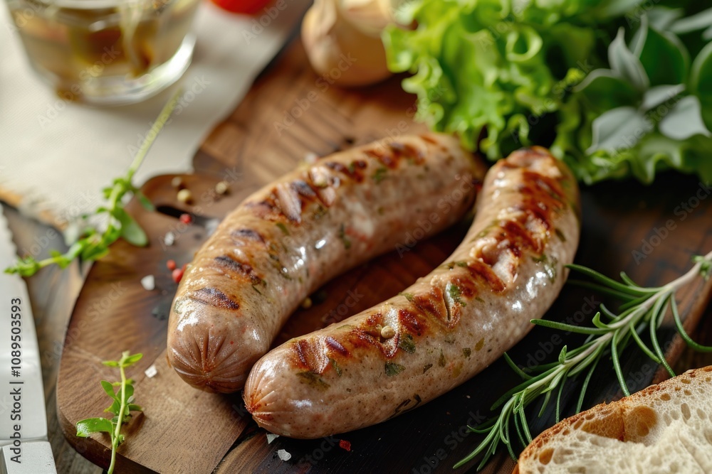 Fresh sausages on a clean cutting board, ready for cooking Fresh sausages on a clean cutting board, ready for cooking