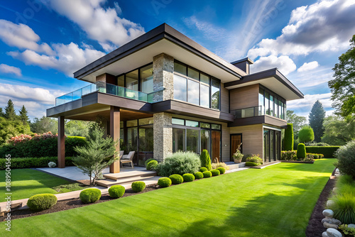 Modern luxury house with large glass windows, surrounded by lush greenery and a well-manicured lawn under a clear blue sky.