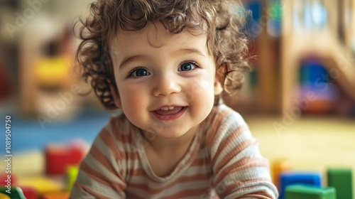 Happy baby smiling and playing with toys in playroom