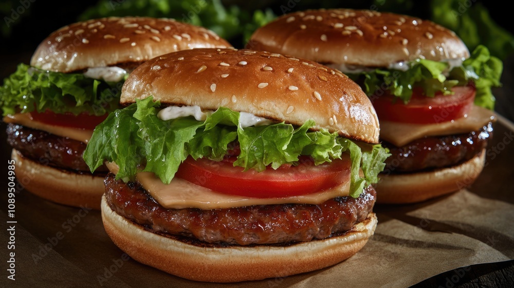 Three juicy hamburgers topped with fresh lettuce, tomatoes, and onions Three juicy hamburgers topped with fresh lettuce, tomatoes, and onions
