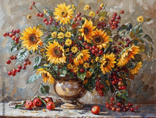 Wallpaper Mural Lush floral arrangement of sunflowers and red berries with apples in a decorative vase on textured background Torontodigital.ca