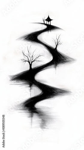  a black and white drawing of a tree in the middle of a river, with a pagoda in the background The tree is surrounded by a peaceful atmosphere, with the river windi photo