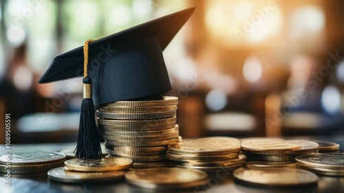 Graduation cap on a stack of coins. Concept of education cost, student loan, tuition fees.
