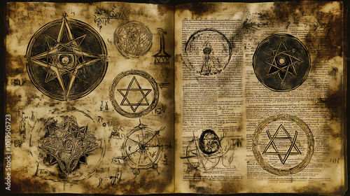 Wallpaper Mural An old page from a witch magic spell book with wicca and mystic symbols illustrated in a gothic, occult and esoteric style. Mystic Alchemy Symbols. Illustration Torontodigital.ca