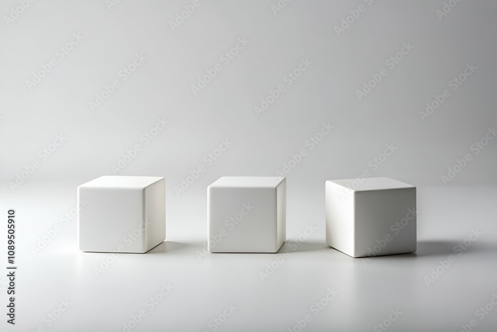 Three minimalistic white cubes are arranged in a row on a smooth surface, set against a soft grey background, emphasizing simplicity and modern design.