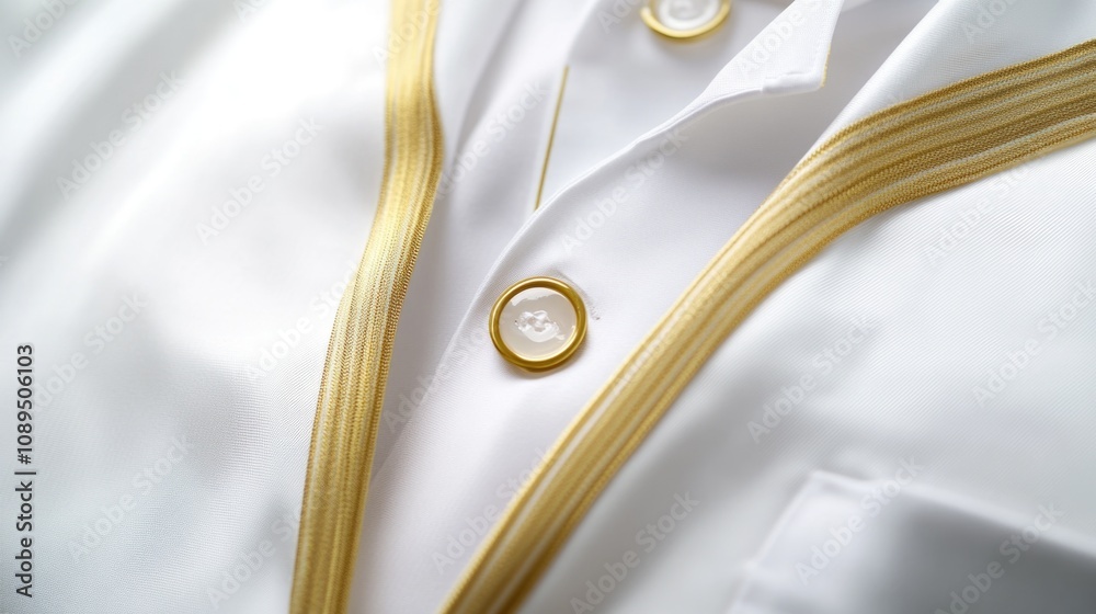 A close-up of a white shirt with gold trim A close-up of a white shirt with gold trim