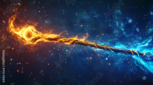 A wizard s staff glowing with magical energy. Mystic Alchemy Symbols. Illustration photo