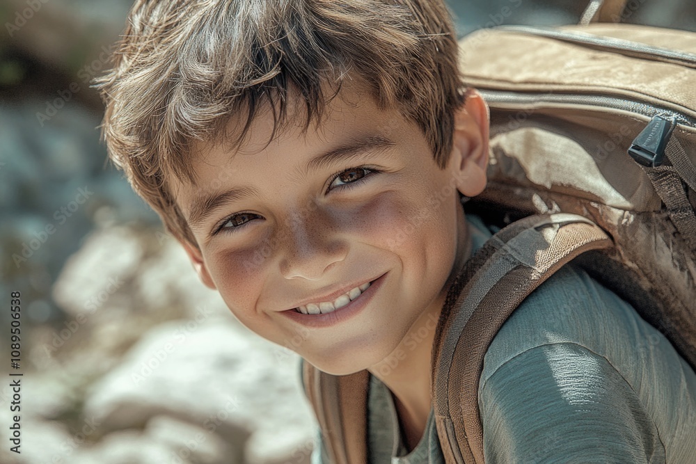 A young boy wearing a backpack, possibly going on an adventure or traveling A young boy wearing a backpack, possibly going on an adventure or traveling