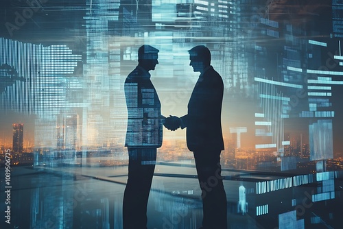 Double exposure of businessmen shaking hands with financial graphs overlay