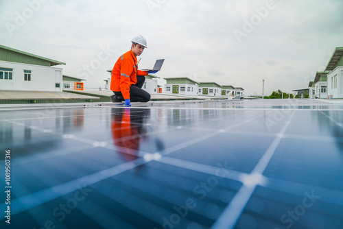 Wallpaper Mural engineer man inspects construction of solar cell panel or photovoltaic cell by electronic device. Industrial Renewable energy of green power. factory worker working on tower roof. Torontodigital.ca