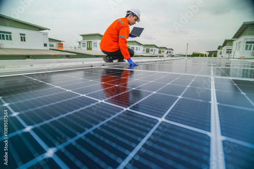 Wallpaper Mural engineer man inspects construction of solar cell panel or photovoltaic cell by electronic device. Industrial Renewable energy of green power. factory worker working on tower roof. Torontodigital.ca