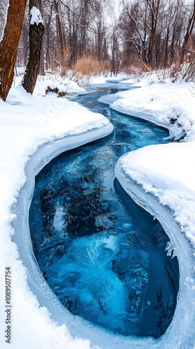  a small stream running through a snowy forest, with trees on either side and a clear sky in the background The water is a deep blue color, and the snow is a pristi photo