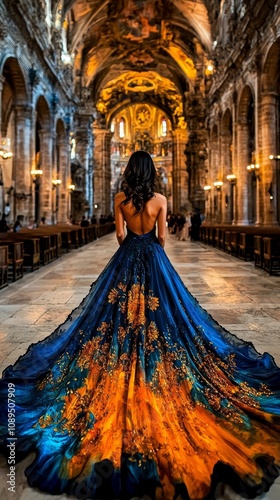  a woman in a blue and orange dress standing in a church, surrounded by benches, lights, pillars, arches, and other people The background is slightly blurred, givin photo