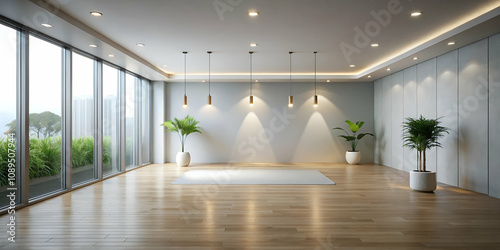 Spacious modern interior with large windows, soft lighting, and minimalistic decor, featuring plants and wooden flooring for a serene ambiance.