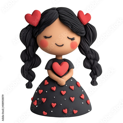 A charming polymer clay doll with black hair and heart-themed dress, radiating warmth and joy in a whimsical design.3d rendering isolate on white background