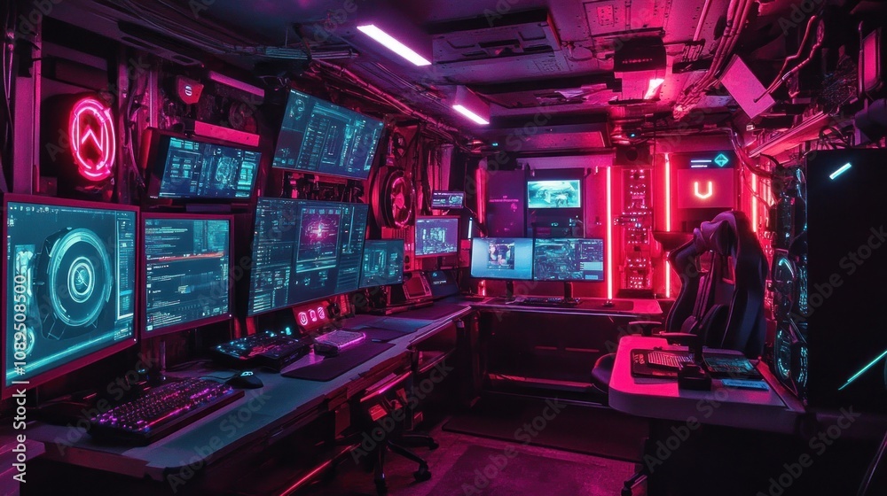 Obraz premium A high-tech workspace with multiple screens and neon lighting for gaming or programming.