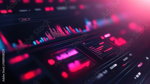 Business plan of market execution concept. A vibrant, abstract digital visualization showcasing data analytics with colorful graphs and waveforms against a dark background.