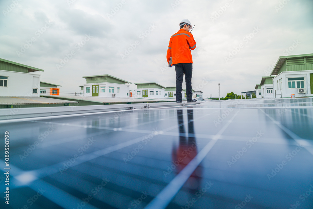A worker in an orange safety jacket inspects solar panels on a rooftop, using a laptop to ensure proper maintenance. The scene highlights renewable energy, solar technology, and sustainable practices. A worker in an orange safety jacket inspects solar panels on a rooftop, using a laptop to ensure proper maintenance. The scene highlights renewable energy, solar technology, and sustainable practices.