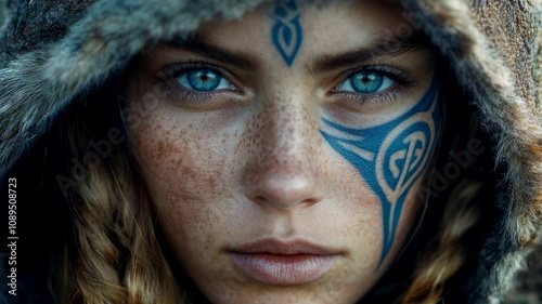 Blue-Eyed Warrior Woman with Intricate Face Tattoos and Fierce Expression