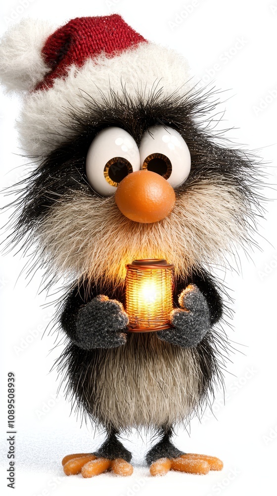 Fototapeta premium an animated penguin wearing a Santa hat and holding a lantern in its hands The penguin is black, white and orange in color, set against a white background