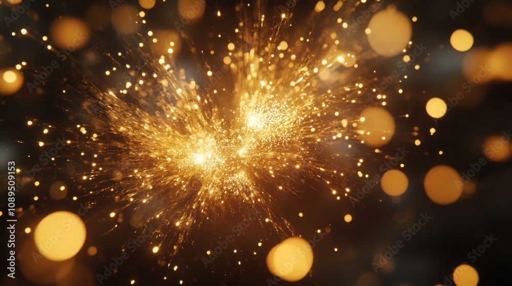 Obraz premium Sparkling fireworks in gold and silver, with ample copy space in the lower half of the image.