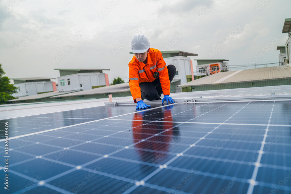 custom made wallpaper toronto digitalengineer man inspects construction of solar cell panel or photovoltaic cell by electronic device. Industrial Renewable energy of green power. factory worker working on tower roof.