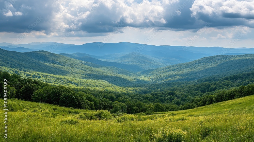 Serene Mountain Landscape with Lush Green Forests Under Dramatic Cloudy Sky, Capturing the Tranquility of Nature's Beauty in Scenic Panorama Serene Mountain Landscape with Lush Green Forests Under Dramatic Cloudy Sky, Capturing the Tranquility of Nature's Beauty in Scenic Panorama