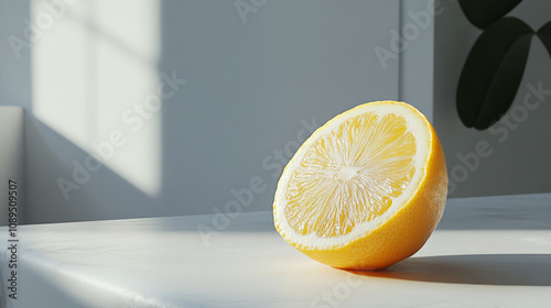 A fresh half of a yellow lemon is sitting on a white table. You can see all of it clearly.
