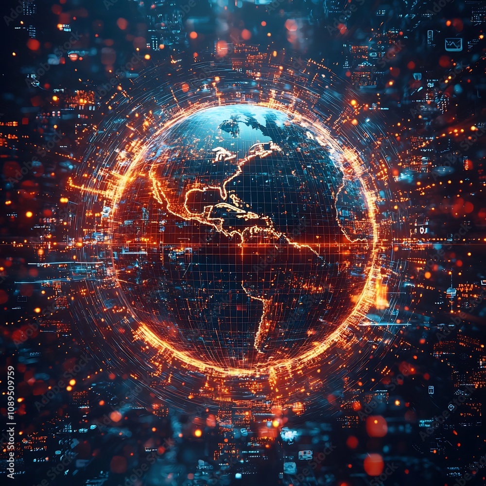 Obraz premium Digital Holographic Earth Shielded by Cybersecurity Firewalls Symbolizing Global Infrastructure Protection