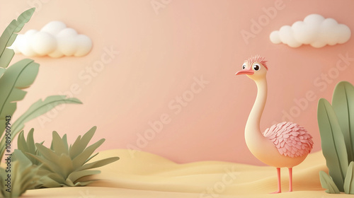 cartoon of ostrich in orange background, free space for text photo