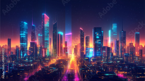 A vibrant futuristic cityscape glowing with holographic displays and sleek skyscrapers