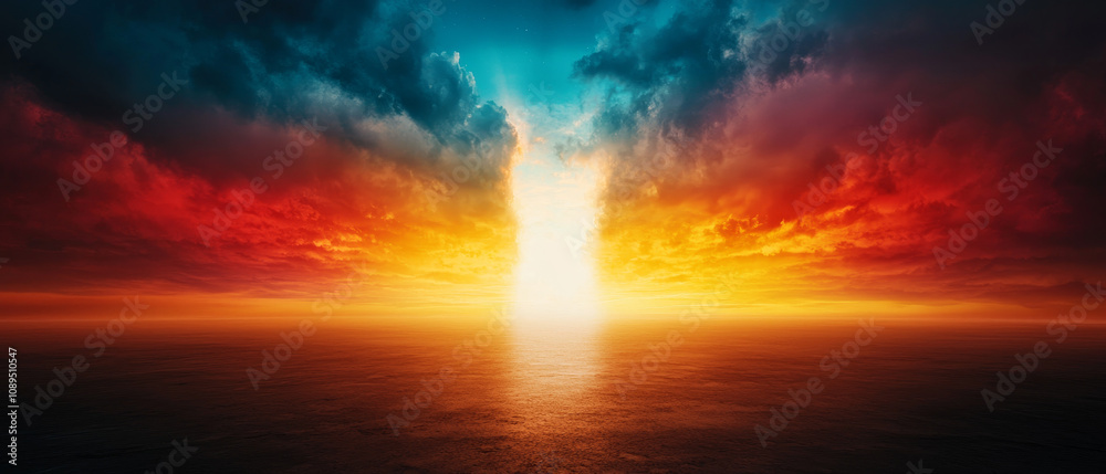 Naklejka premium Surreal Waterfall: Crystal Formations and a Rainbow-Hued Sunset Sky 