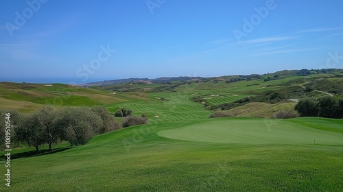 Scenic View of Golf Course with Lush Green Fairways and Rolling Hills Under Clear Blue Sky, Perfect for Outdoor Leisure and Relaxation