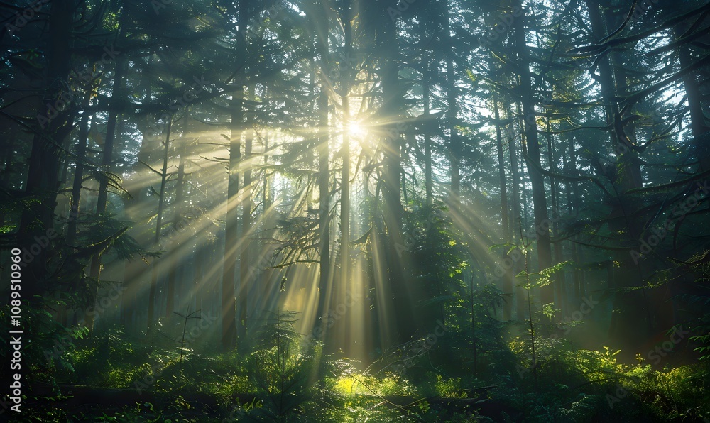 Naklejka premium Mystical Sunlight Rays, Sunlight filtering through the dense canopy of old spruce, fir, and pine trees