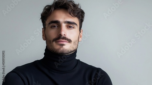 Minimalist Portrait of Handsome Man in Black Turtleneck Against Clean White Background