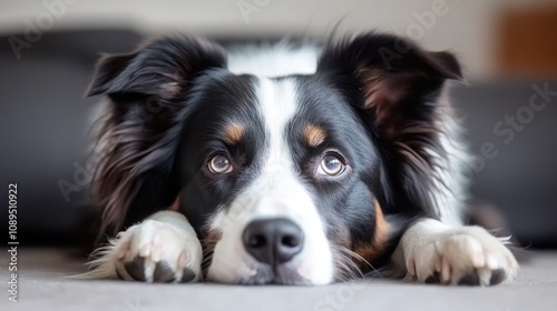 A close-up shot of a dog resting on the floor photo