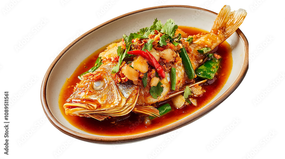 Deliciously spiced steamed fish dish restaurant food photography contemporary setting close-up culinary artistry Deliciously spiced steamed fish dish restaurant food photography contemporary setting close-up culinary artistry