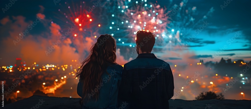 Awestruck Couple at Captivating Fireworks Display in the Starry Night Sky Awestruck Couple at Captivating Fireworks Display in the Starry Night Sky