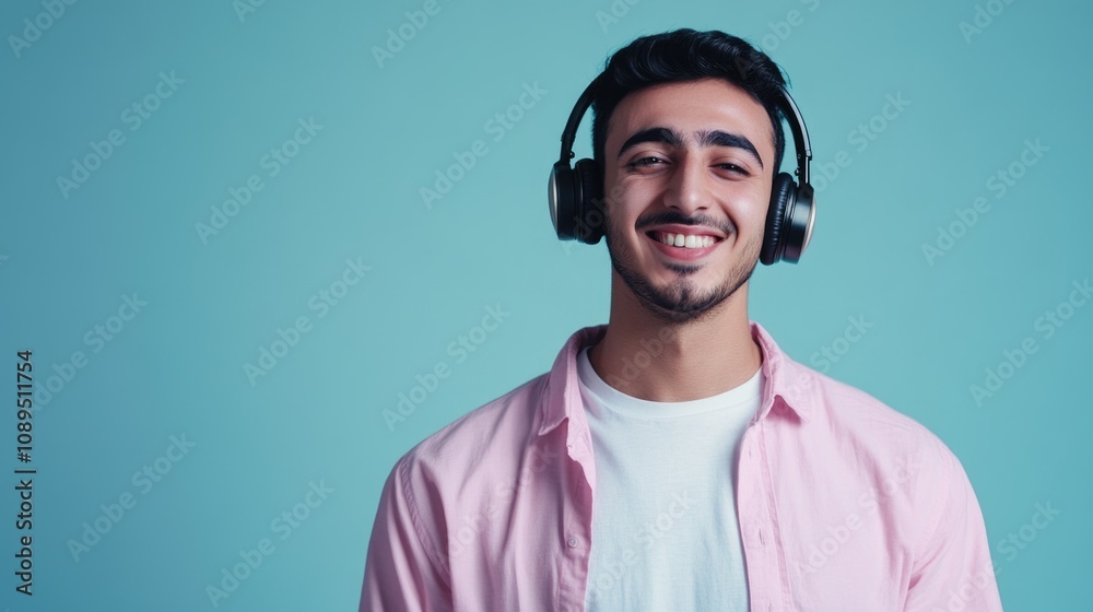 A person wearing headphones and a pink shirt, possibly engaged in music or gaming activities A person wearing headphones and a pink shirt, possibly engaged in music or gaming activities