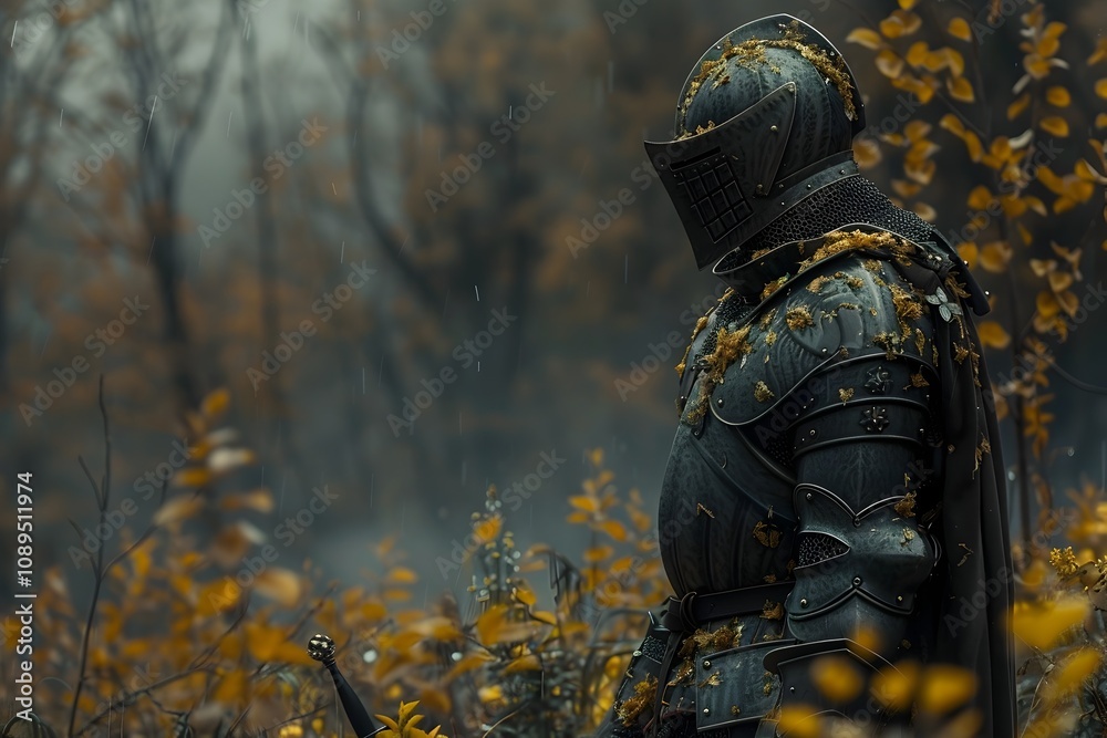 Armored Knight Stands Resolute in Enchanted Autumn Woodland Armored Knight Stands Resolute in Enchanted Autumn Woodland
